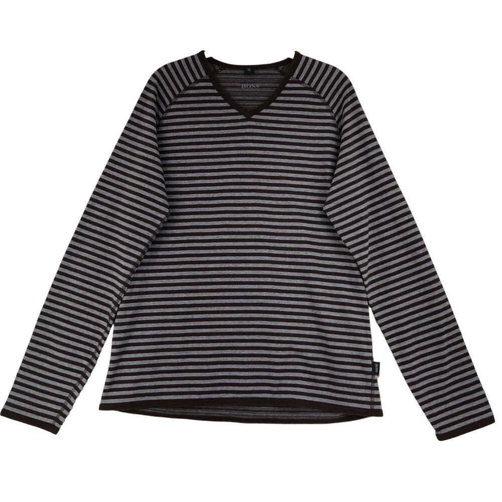 Hugo Boss Mens Size Large Cotton Sweater V Neck Brown Gray Stripe Long Sleeve